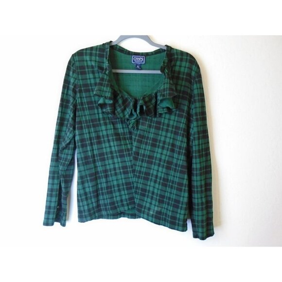 Chaps Classics Black Green Plaid Ruffle Neckline Women Sz XL with Stretch - Picture 1 of 4